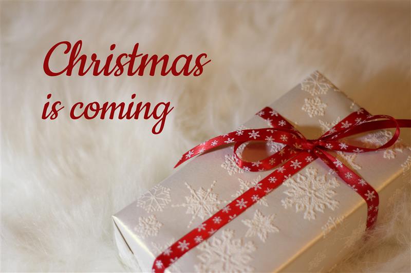 Christmas is coming - gift with red ribbon