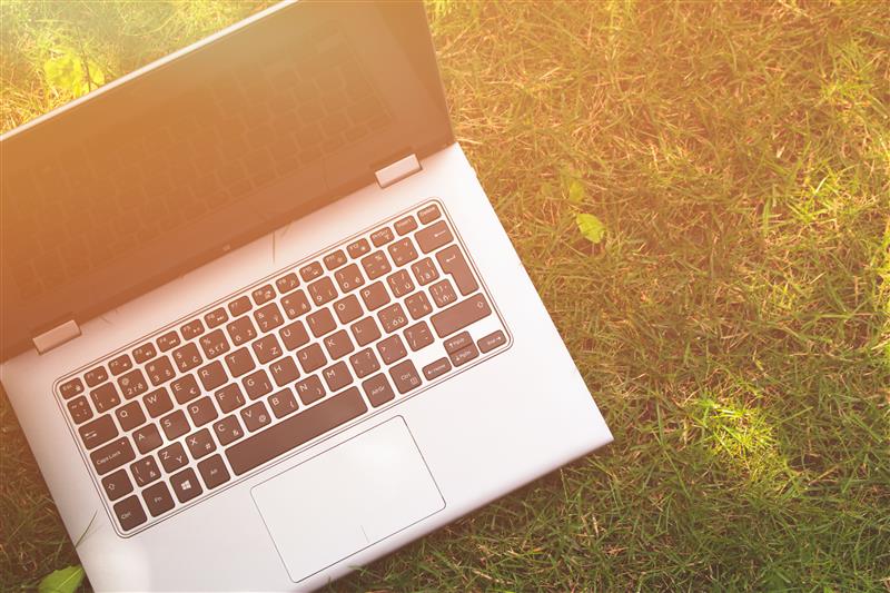 Open laptop on grass in sunlight
