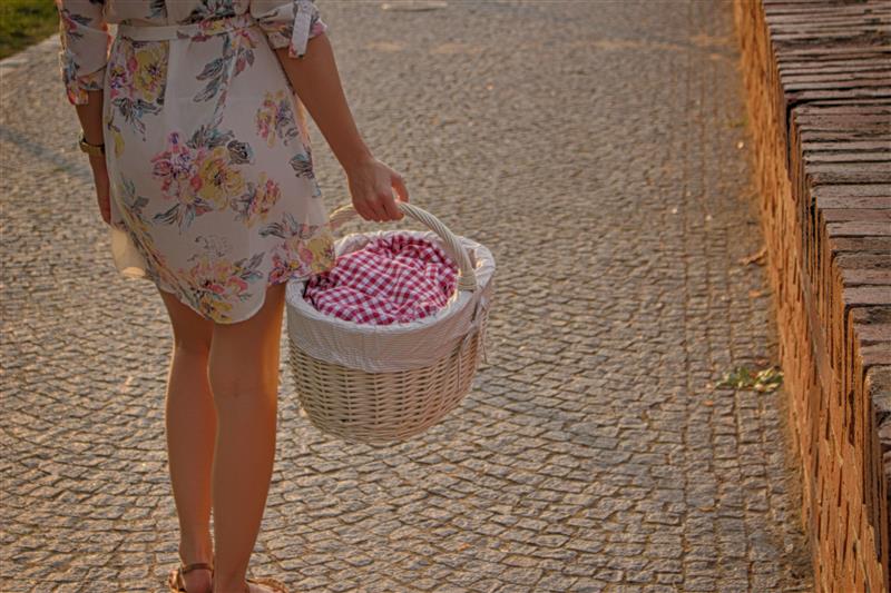 Woman in a dress carrying picnic basket